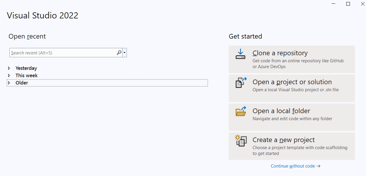 Visual Studio First screen