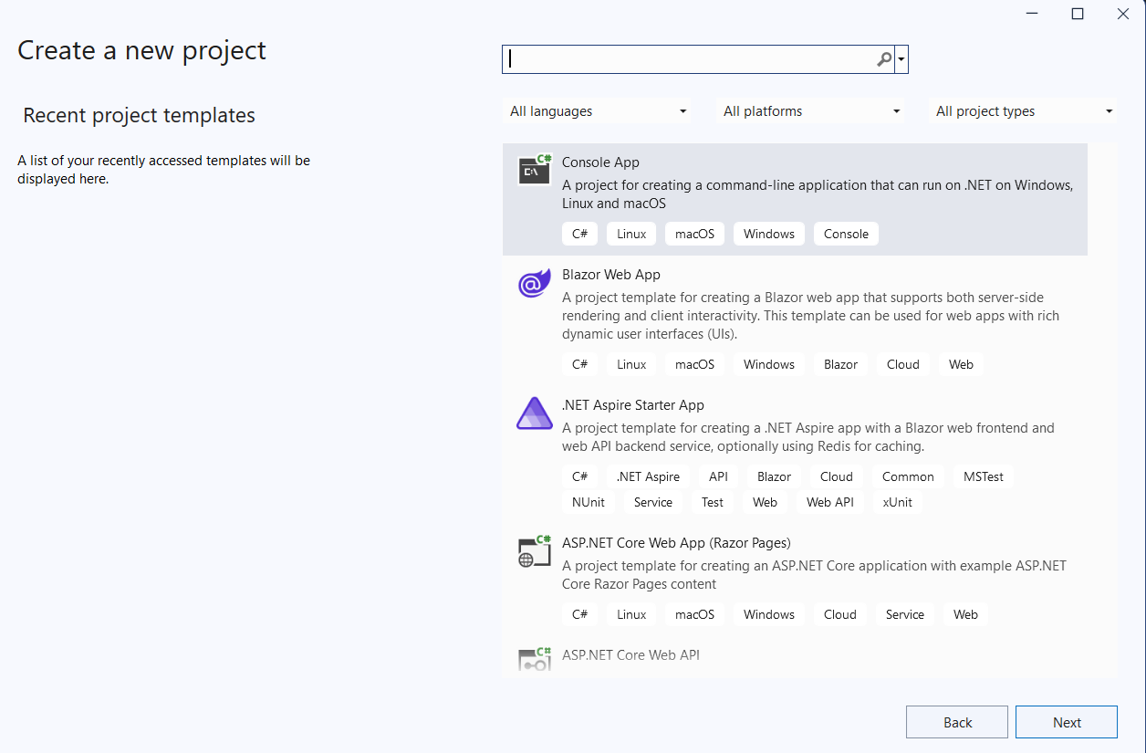 Create new project screen
